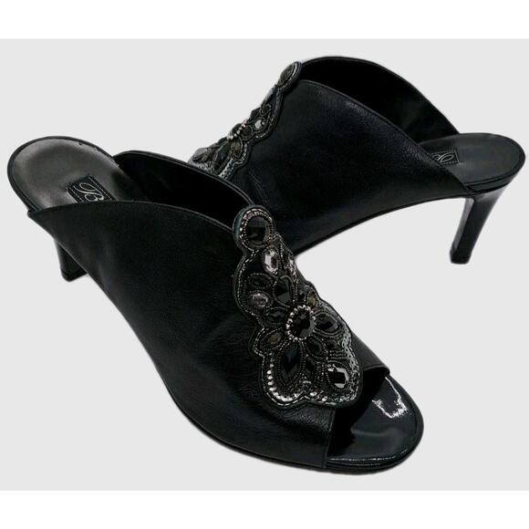 Brighton Ranae Boho Slip On Pumps High Heels 9M Black Leather Embellished Sequin - Picture 1 of 11